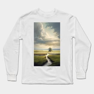 Tree by the creek of in green meadows and clouds about to rain ! Long Sleeve T-Shirt